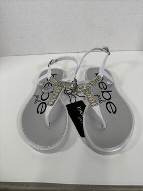 bebe White Jeweled T-Strap Sandals